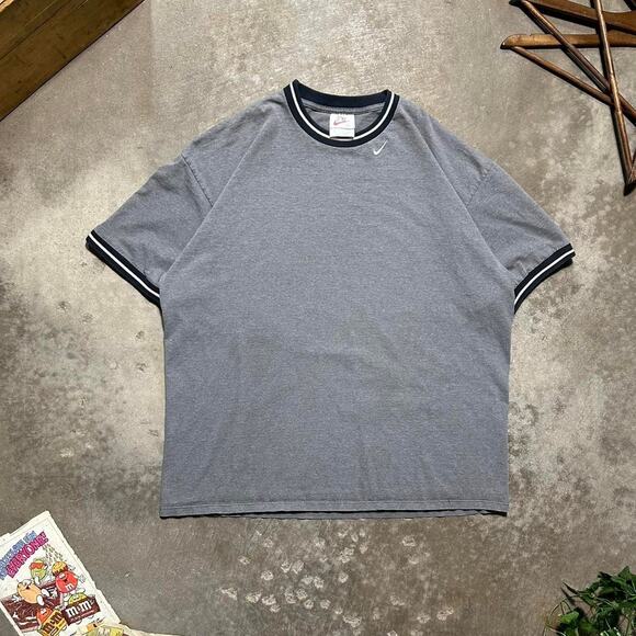 Vintage 90s Nike Ringer Tee Mens XL Embroidered Neck Swoosh USA Made Grey Shirt - Picture 1 of 3